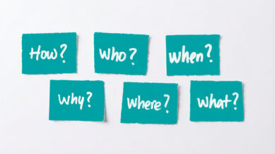 Seis pedaços de papel com bordas texturizadas na cor verdigris, dispostos em duas fileiras sobre um fundo branco. Neles estão escritas em branco as perguntas em inglês 'How?', 'Who?', 'When?', 'Why?', 'Where?' e 'What?', ilustrando as questões fundamentais da metodologia 5W2H para a criação de um plano de ação.