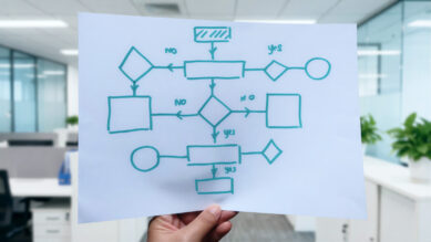 Mão segurando uma folha de papel branca com um fluxograma de processos desenhado à mão utilizando tinta na cor verdigris. O diagrama exibe as formas geométricas clássicas de mapeamento, como losangos de decisão, retângulos de ação e círculos, interligados por setas com marcações em inglês de 'yes' e 'no'. Ao fundo, um ambiente de escritório corporativo desfocado. A imagem ilustra a estruturação visual de rotinas e a padronização de processos, tema central do guia sobre tipos de fluxograma.