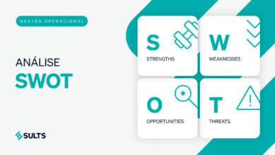 Banner gráfico didático com fundo claro. À esquerda, a tag 'Gestão Operacional', o grande título 'Análise SWOT' e o logotipo da SULTS no rodapé. À direita, a representação visual da matriz dividida em quatro blocos brancos: S (Strengths/Forças) com ícone de haltere, W (Weaknesses/Fraquezas) com setas de queda, O (Opportunities/Oportunidades) com lupa e estrela, e T (Threats/Ameaças) com triângulo de alerta. A tipografia de destaque, os ícones e os grafismos geométricos do fundo brilham na cor verdigris. A arte ilustra o guia prático sobre como fazer a matriz FOFA para avaliar o cenário do negócio e orientar decisões estratégicas.