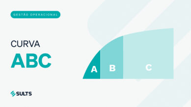 Banner gráfico didático com fundo claro. À esquerda, a tag 'Gestão Operacional', o título 'CURVA ABC' e o logotipo da SULTS. À direita, um gráfico de área com uma curva ascendente, dividido verticalmente em três blocos rotulados como A, B e C. A tag superior, as letras 'ABC' do título, o logotipo no rodapé e o bloco 'A' do gráfico destacam-se fortemente na cor verdigris, com os blocos B e C em tons mais claros. A arte ilustra a ferramenta de classificação de itens de estoque, conectando-se ao guia prático sobre como calcular a relevância financeira dos SKUs e aplicar KPIs de monitoramento na operação.