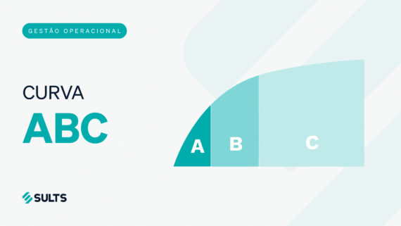 Banner gráfico didático com fundo claro. À esquerda, a tag 'Gestão Operacional', o título 'CURVA ABC' e o logotipo da SULTS. À direita, um gráfico de área com uma curva ascendente, dividido verticalmente em três blocos rotulados como A, B e C. A tag superior, as letras 'ABC' do título, o logotipo no rodapé e o bloco 'A' do gráfico destacam-se fortemente na cor verdigris, com os blocos B e C em tons mais claros. A arte ilustra a ferramenta de classificação de itens de estoque, conectando-se ao guia prático sobre como calcular a relevância financeira dos SKUs e aplicar KPIs de monitoramento na operação.