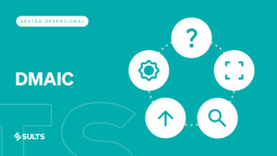 Banner gráfico didático com fundo totalmente preenchido na vibrante cor verdigris e letras translúcidas sutis. À esquerda, destaca-se a tag branca 'Gestão Operacional', o grande título 'DMAIC' e o logotipo da SULTS no rodapé. À direita, cinco círculos brancos estão dispostos em um ciclo interligado por uma linha pontilhada, representando as 5 fases do método. Dentro de cada círculo, há ícones na cor verdigris: um ponto de interrogação (Define), marcadores de dimensão (Measure), uma lupa (Analyze), uma seta para cima (Improve) e uma engrenagem (Control). A arte ilustra o método estruturado de projetos Six Sigma para reduzir defeitos, validar sistemas de medição e sustentar ganhos operacionais.