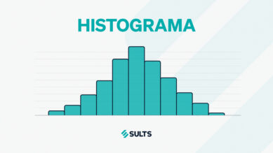 Banner gráfico didático e minimalista com fundo claro e sutis linhas diagonais. No centro, destaca-se a ilustração de um grande gráfico de barras contíguas de diferentes alturas, representando a distribuição de frequências. Acima do gráfico, lê-se o título 'HISTOGRAMA', e no rodapé, o logotipo da SULTS. O título, todas as barras do gráfico e o logotipo destacam-se fortemente na vibrante cor verdigris. A arte visualiza a anatomia fundamental desta que é uma das 7 Ferramentas da Qualidade, conectando-se ao guia completo sobre como analisar intervalos (bins) e interpretar a estabilidade e variação dos processos.