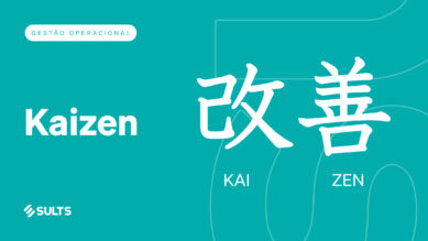 Banner gráfico didático com fundo totalmente preenchido na cor verdigris. À esquerda, destaca-se uma tag branca com o texto 'Gestão Operacional', seguida do título 'Kaizen' em letras grandes e o logotipo da SULTS no rodapé. À direita, grandes ideogramas japoneses (Kanji) em branco ilustram os termos, com as palavras 'KAI' e 'ZEN' escritas logo abaixo. O design inclui marcações de linhas sutis ao fundo. A arte ilustra a filosofia japonesa de melhoria contínua, conectando-se ao guia prático sobre o ciclo PDCA e como aplicar o método para obter ganhos operacionais.