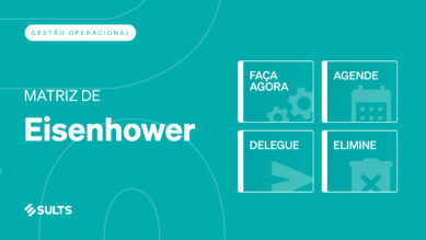 Banner gráfico didático com fundo totalmente preenchido na vibrante cor verdigris e linhas translúcidas sutis. À esquerda, destaca-se a tag 'Gestão Operacional', o título 'MATRIZ DE Eisenhower' em branco e o logotipo da SULTS no rodapé. À direita, quatro quadrantes delimitados por bordas brancas ilustram as ações do método, acompanhadas de ícones sutis de fundo: 'FAÇA AGORA' (engrenagens), 'AGENDE' (calendário), 'DELEGUE' (seta) e 'ELIMINE' (lixeira). A arte ilustra o sistema de classificação que cruza urgência e importância, conectando-se ao guia sobre como priorizar tarefas, reduzir a reatividade e liberar tempo para o planejamento estratégico