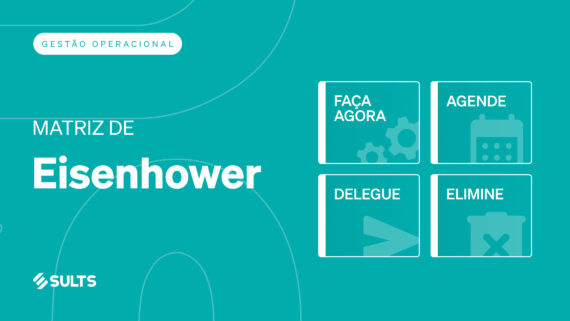 Banner gráfico didático com fundo totalmente preenchido na vibrante cor verdigris e linhas translúcidas sutis. À esquerda, destaca-se a tag 'Gestão Operacional', o título 'MATRIZ DE Eisenhower' em branco e o logotipo da SULTS no rodapé. À direita, quatro quadrantes delimitados por bordas brancas ilustram as ações do método, acompanhadas de ícones sutis de fundo: 'FAÇA AGORA' (engrenagens), 'AGENDE' (calendário), 'DELEGUE' (seta) e 'ELIMINE' (lixeira). A arte ilustra o sistema de classificação que cruza urgência e importância, conectando-se ao guia sobre como priorizar tarefas, reduzir a reatividade e liberar tempo para o planejamento estratégico