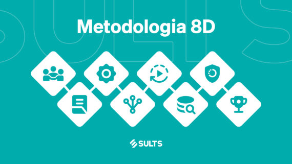 Banner gráfico com fundo totalmente preenchido na vibrante cor verdigris, contendo letras translúcidas sutis ao fundo. No topo central, lê-se o título em branco 'Metodologia 8D'. Logo abaixo, oito ícones brancos em formato de losango estão dispostos em um padrão interligado de zigue-zague, ilustrando etapas como equipe, engrenagens, análise de dados e um troféu. No rodapé, o logotipo da SULTS. A arte ilustra o guia prático das 8 disciplinas, o processo estruturado para encontrar a causa raiz de problemas, conter impactos e prevenir recorrências na operação.