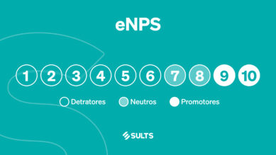 Banner gráfico didático com fundo totalmente preenchido na vibrante cor verdigris ilustrando a régua de medição do eNPS. No centro, círculos numerados de 1 a 10 alinham-se horizontalmente, classificados por uma legenda visual: de 1 a 6 são 'Detratores' (círculos vazados), 7 e 8 são 'Neutros' (círculos translúcidos) e 9 e 10 são 'Promotores' (círculos brancos preenchidos). O título 'eNPS' e o logotipo da SULTS completam a arte em branco. A imagem tangibiliza a métrica do Employee Net Promoter Score, conectando-se ao guia sobre como calcular a probabilidade de um colaborador recomendar a empresa como um ótimo lugar para trabalhar.