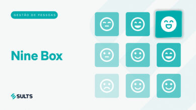 Banner gráfico com fundo claro ilustrando a ferramenta de avaliação de talentos. À esquerda, a tag 'Gestão de Pessoas', o título 'Nine Box' e o logotipo da SULTS. À direita, uma grade 3x3 exibe nove quadrados em diferentes tons da cor verdigris, contendo ícones de rostos que variam de expressões tristes a sorridentes. O quadrado superior direito, que representa o talento de alto desempenho e alto potencial, está destacado com uma sombra. A arte visualiza o cruzamento dos eixos de avaliação, conectando-se ao guia sobre como classificar colaboradores, realizar a calibragem de talent review e estruturar o Plano de Desenvolvimento Individual (PDI).