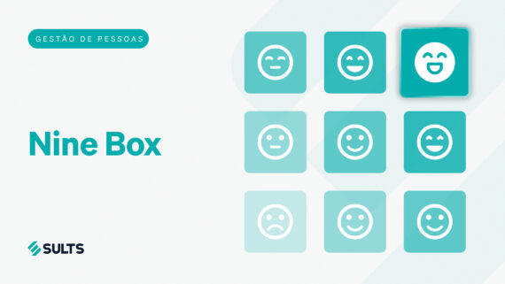 Banner gráfico com fundo claro ilustrando a ferramenta de avaliação de talentos. À esquerda, a tag 'Gestão de Pessoas', o título 'Nine Box' e o logotipo da SULTS. À direita, uma grade 3x3 exibe nove quadrados em diferentes tons da cor verdigris, contendo ícones de rostos que variam de expressões tristes a sorridentes. O quadrado superior direito, que representa o talento de alto desempenho e alto potencial, está destacado com uma sombra. A arte visualiza o cruzamento dos eixos de avaliação, conectando-se ao guia sobre como classificar colaboradores, realizar a calibragem de talent review e estruturar o Plano de Desenvolvimento Individual (PDI).