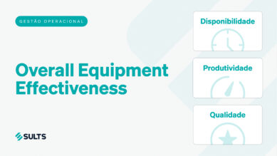 Banner gráfico didático e moderno com fundo claro e formas geométricas sutis. À esquerda, destaca-se a tag 'Gestão Operacional', o grande título 'Overall Equipment Effectiveness' e o logotipo da SULTS no rodapé. À direita, três caixas brancas empilhadas verticalmente apresentam os pilares estruturais do indicador, acompanhados de ícones sutis ao fundo: 'Disponibilidade' (relógio), 'Produtividade' (velocímetro) e 'Qualidade' (estrela). A tag, o título principal, o logotipo e os textos das caixas destacam-se fortemente na vibrante cor verdigris. A arte ilustra a estrutura visual deste que é o KPI universal da manufatura, conectando-se ao guia prático sobre como medir o pleno potencial de um ativo industrial.