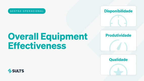 Banner gráfico didático e moderno com fundo claro e formas geométricas sutis. À esquerda, destaca-se a tag 'Gestão Operacional', o grande título 'Overall Equipment Effectiveness' e o logotipo da SULTS no rodapé. À direita, três caixas brancas empilhadas verticalmente apresentam os pilares estruturais do indicador, acompanhados de ícones sutis ao fundo: 'Disponibilidade' (relógio), 'Produtividade' (velocímetro) e 'Qualidade' (estrela). A tag, o título principal, o logotipo e os textos das caixas destacam-se fortemente na vibrante cor verdigris. A arte ilustra a estrutura visual deste que é o KPI universal da manufatura, conectando-se ao guia prático sobre como medir o pleno potencial de um ativo industrial.