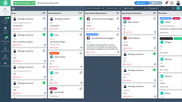 Crie, gerencie e acompanhe os chamados da empresa SULTS - Chamado: kanban de chamados recebidos