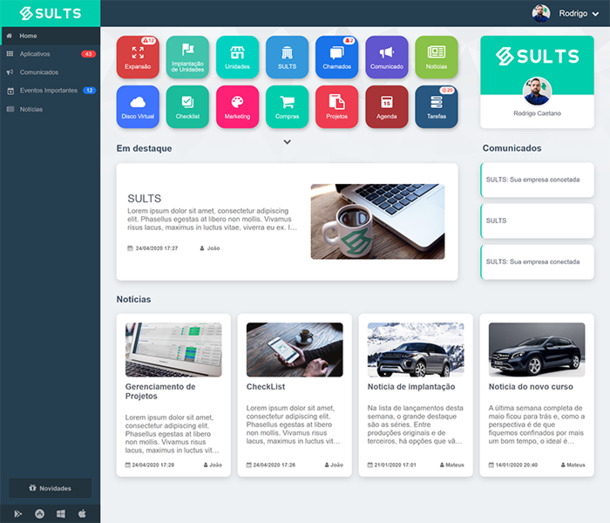 Software extranet completo para empresas SULTS - Extranet: painel inicial