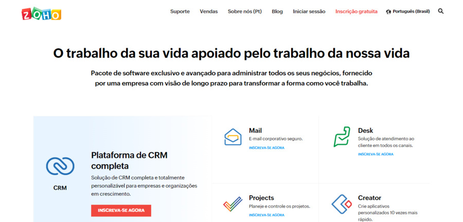 Zoho - Página principal Página principal do software Zoho