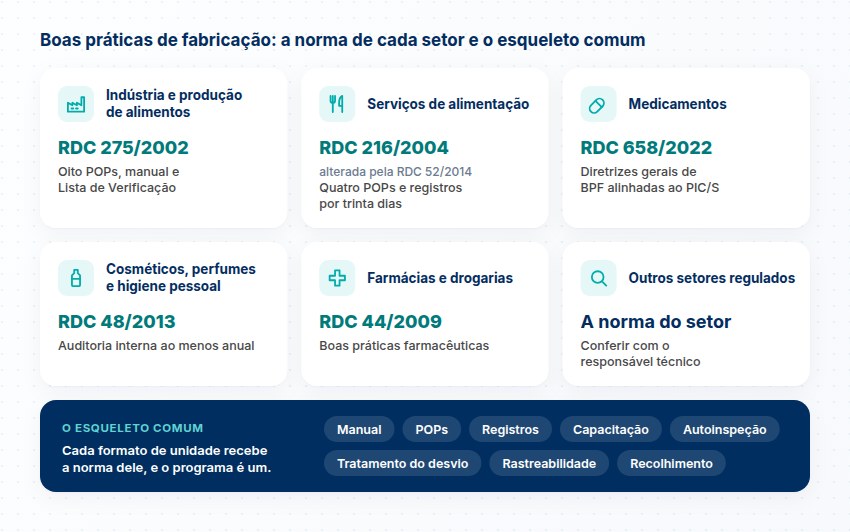 Cartões com a norma de cada setor: RDC 275/2002, RDC 216/2004, RDC 658/2022, RDC 48/2013 e RDC 44/2009, e o esqueleto comum do programa em rede