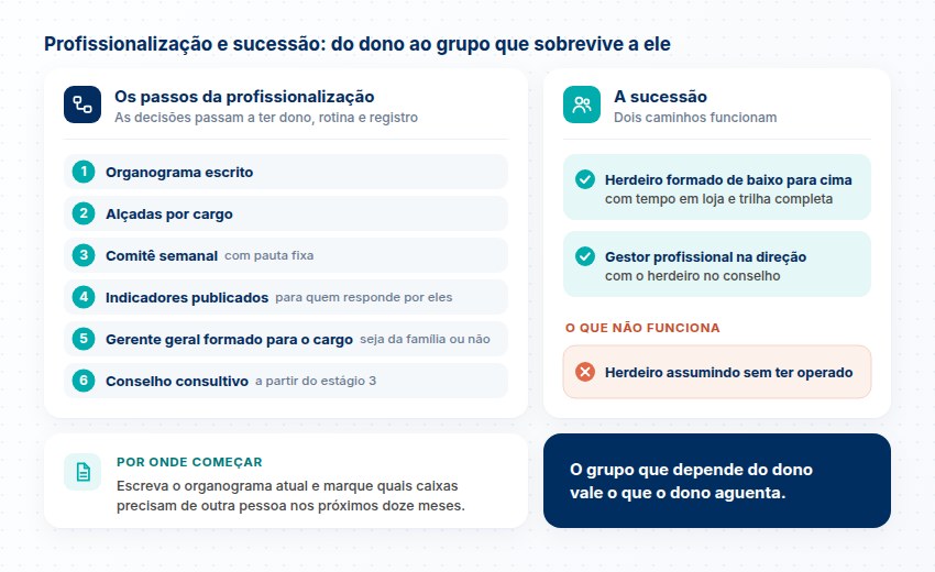 Seis passos da profissionalização, dois caminhos de sucessão que funcionam, o que não funciona e por onde começar o organograma