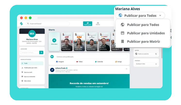 Uma rede social interna em que a matriz e as unidades publicam no mesmo feed Uma rede social interna em que a matriz e as unidades publicam no mesmo feed