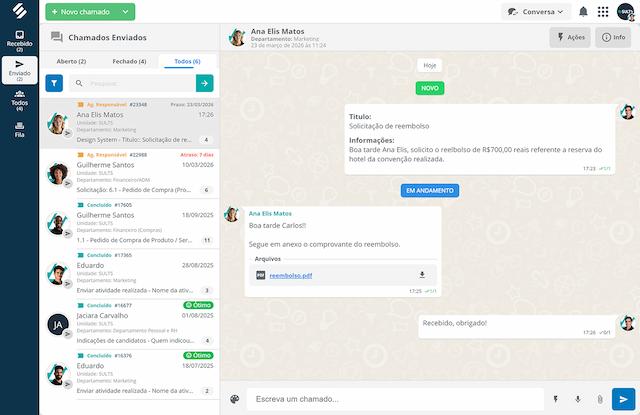 Tela de um chamado no módulo de Chamados da SULTS, com a lista de chamados à esquerda, a conversa com anexos e o status de andamento