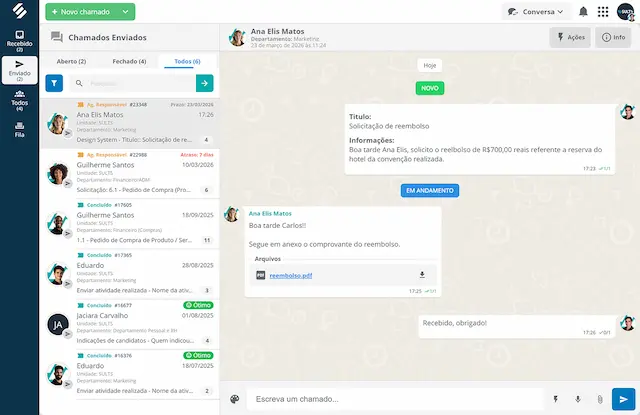 Tela de um chamado no módulo de Chamados da SULTS, com a lista de chamados à esquerda, a conversa com anexos e o status de andamento