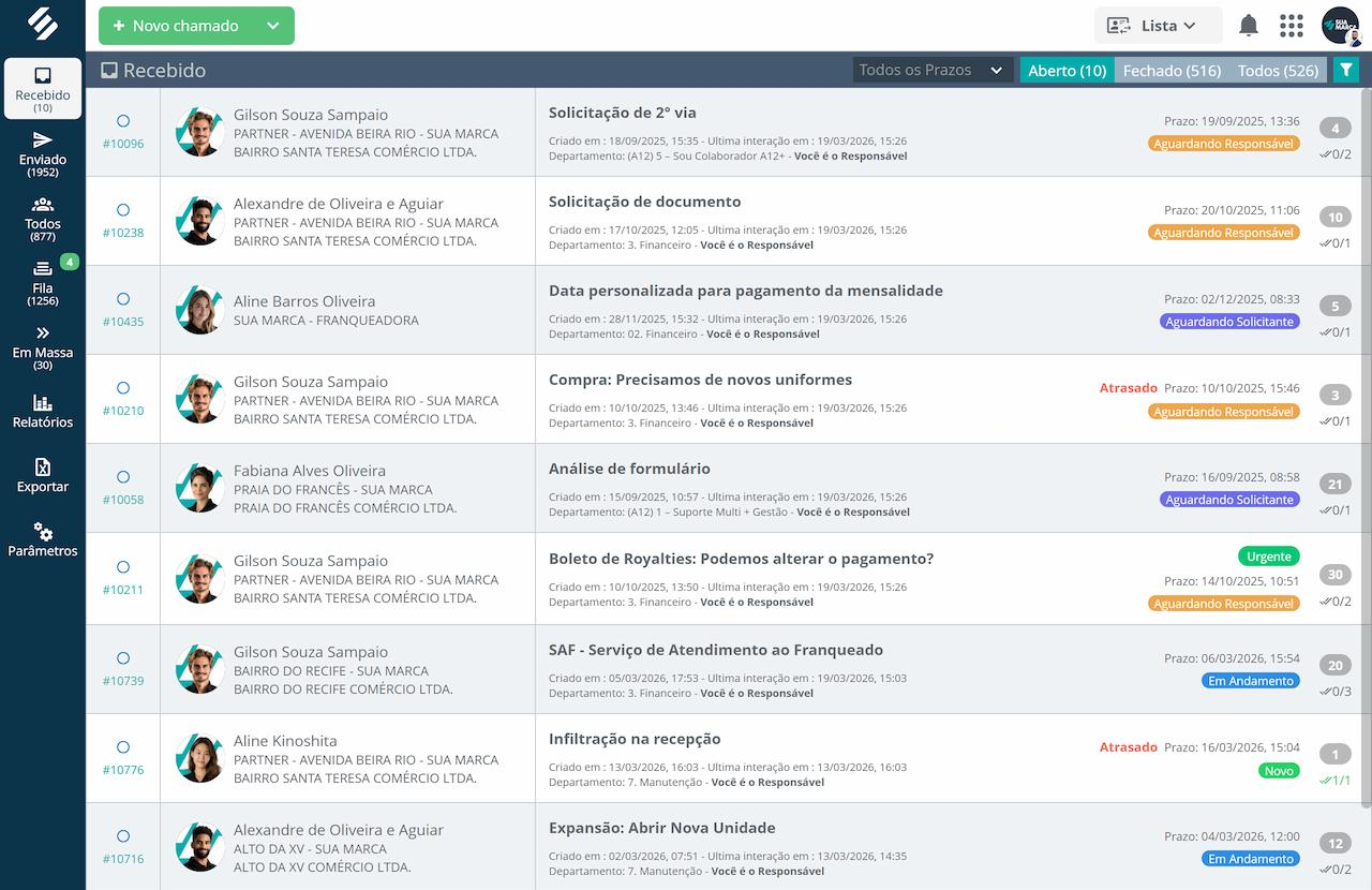 Fila de chamados recebidos com solicitante, unidade, departamento, prazo de SLA, status de atendimento e contagem de interações Fila de chamados recebidos com solicitante, unidade, departamento, prazo de SLA, status de atendimento e contagem de interações