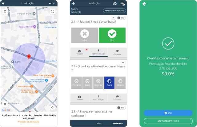 Aplicativo de checklist da SULTS no celular, com geolocalização da visita, avaliação por seção com plano de ação e pontuação final