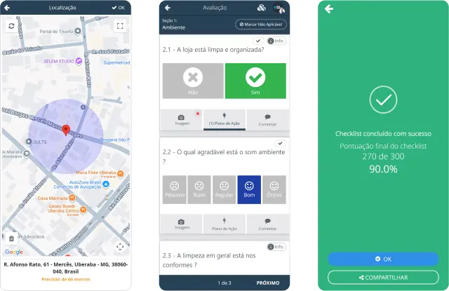 Aplicativo de checklist da SULTS no celular, com geolocalização da visita, avaliação por seção com plano de ação e pontuação final