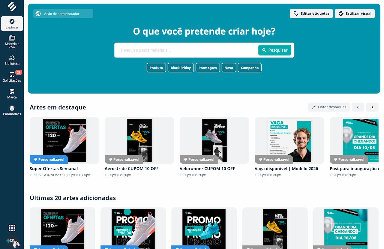 Biblioteca de materiais do Brand Center para franquias Brand Center com biblioteca de artes personalizáveis, filtros por categoria, artes em destaque e templates para redes sociais