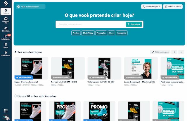 Biblioteca do Brand Center da SULTS com artes personalizáveis, filtros por categoria, peças em destaque e modelos para redes sociais
