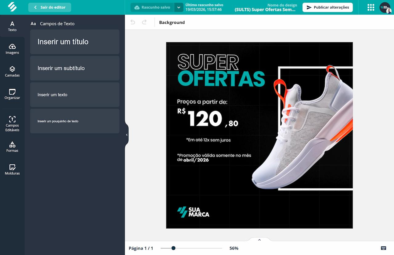 Editor visual de peças de marketing com campos de texto editáveis, camadas, imagens, formas e logo da marca aplicado automaticamente Editor visual de peças de marketing com campos de texto editáveis, camadas, imagens, formas e logo da marca aplicado automaticamente