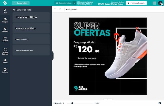 Editor de peças do Brand Center da SULTS, com campos de texto editáveis, camadas, imagens, formas e o logo da marca aplicado automaticamente