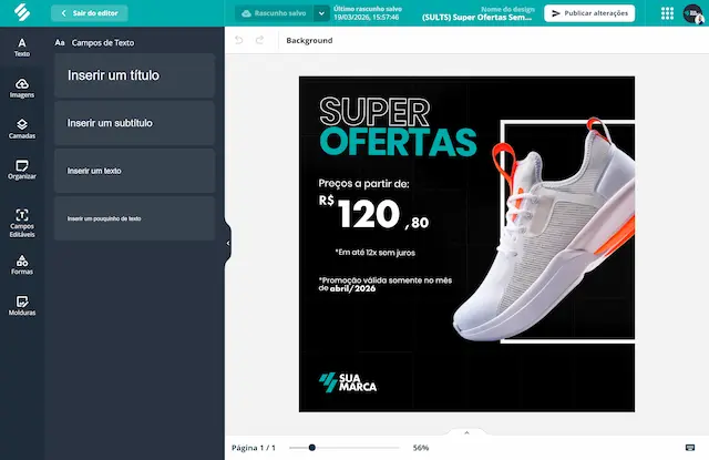 Editor de peças do Brand Center da SULTS, com campos de texto editáveis, camadas, imagens, formas e o logo da marca aplicado automaticamente