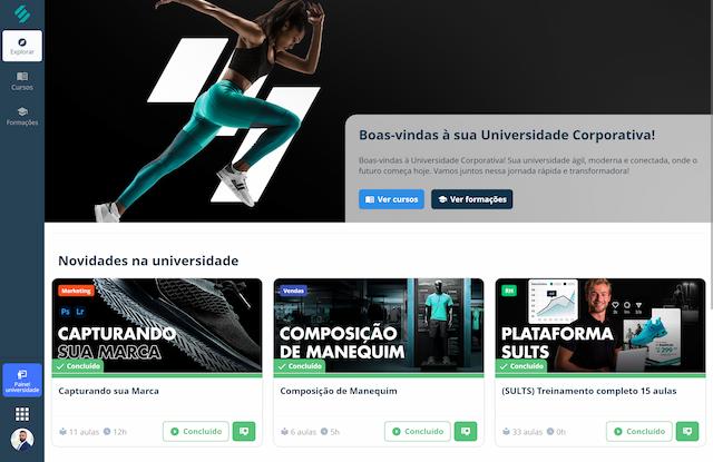 Painel da Universidade Corporativa da SULTS com cursos organizados por categoria, percentual de conclusão e catálogo de formações da rede