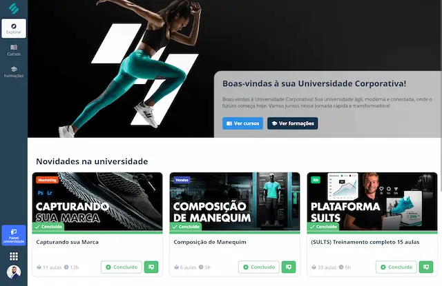 Área do aluno da Universidade Corporativa da SULTS com mensagem de boas-vindas, botões Ver cursos e Ver formações e os cursos novos da universidade