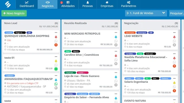 Funil de negócios do módulo de Expansão da SULTS em colunas, com cartões de candidatos por etapa e valor de cada negociação