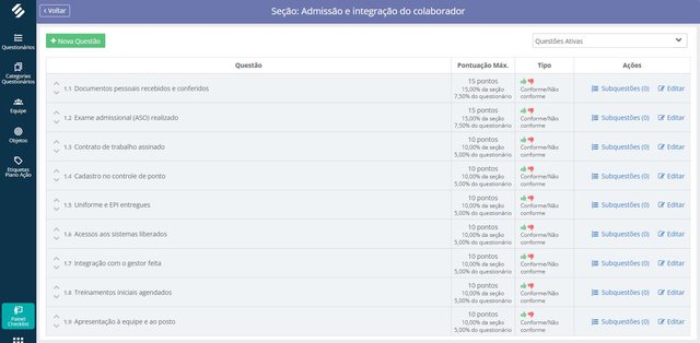 Seção de admissão no editor de questionários do Checklist da SULTS, com as questões do roteiro de admissão e a pontuação de cada uma