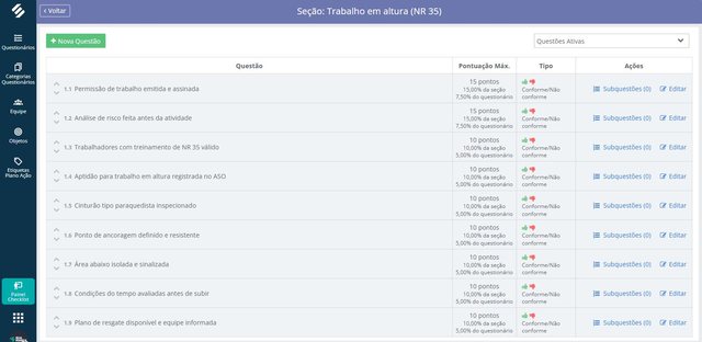 Seção Trabalho em altura (NR 35) no editor do Checklist da SULTS, com 9 questões conforme ou não conforme, como permissão de trabalho emitida e assinada, análise de risco feita antes da atividade e cinturão tipo paraquedista inspecionado, e a pontuação de cada uma