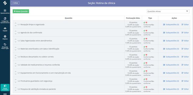 Seção Rotina da clínica no editor de questões do Checklist da SULTS, com recepção, agenda do dia, salas higienizadas, materiais esterilizados, resíduos, validade de medicamentos, equipamentos e prontuários, cada questão com pontuação e resposta Conforme ou Não conforme