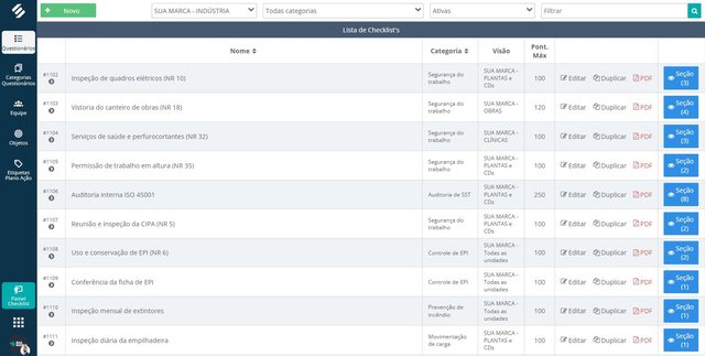 Lista de checklists de um programa de segurança do trabalho na SULTS, com NR 10, NR 18, NR 32, NR 35, ISO 45001, CIPA, EPI, ficha de EPI, extintores, empilhadeira, caminhão, obra e NR 12