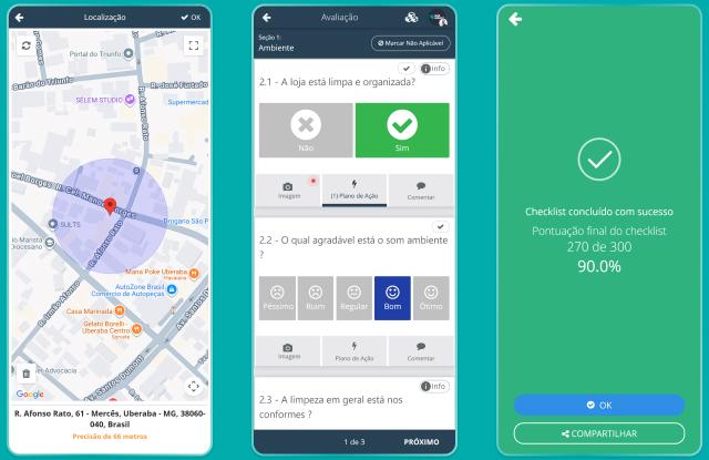 Três telas do aplicativo de checklist da SULTS: check-in com a localização da unidade no mapa, avaliação com a pergunta A loja está limpa e organizada e a conclusão com pontuação final de 90%