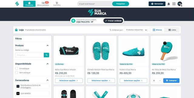 Loja de compras da SULTS comprando para a unidade Loja Paulista, em SP, com filtros por produto, disponibilidade e fornecedor e produtos de uniforme e material de PDV com preço e botão de compra
