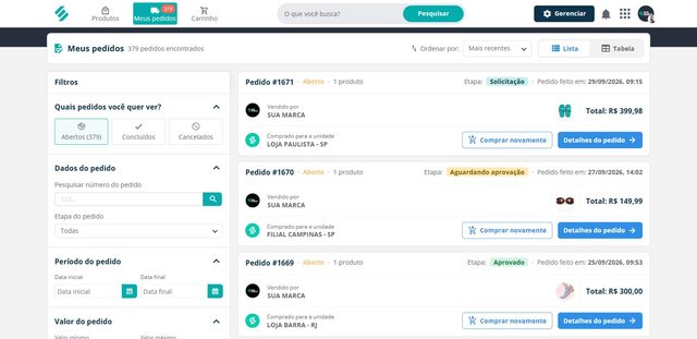 Lista de pedidos das unidades no módulo Compras da SULTS, com a etapa de cada pedido, o fornecedor, a unidade compradora e o total