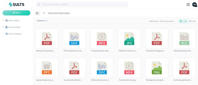Pasta Manual de Operações no disco virtual da SULTS com arquivos em PDF, DOC, MP4, JPG, XLS, PPT e PNG, como manual, treinamentos em vídeo, padrão de vitrine, checklist, tabela de preços e contrato padrão