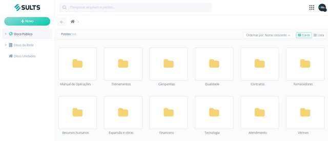 Disco Público da SULTS com pastas por área, como Manual de Operações, Treinamentos, Campanhas, Qualidade, Contratos e Fornecedores, e a barra lateral com Disco Público, Disco da Rede e Disco Unidades