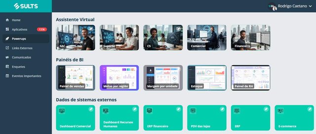 Tela de Power-Ups da SULTS com atalhos para assistentes virtuais, painéis de BI e dados de sistemas externos, cada um aberto em um clique