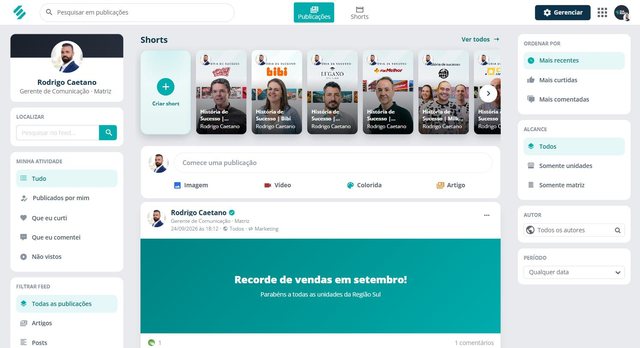 Feed da rede social corporativa da SULTS com vídeos curtos, a caixa para publicar imagem, vídeo, texto colorido ou artigo, o post Recorde de vendas em setembro e os filtros de ordenação