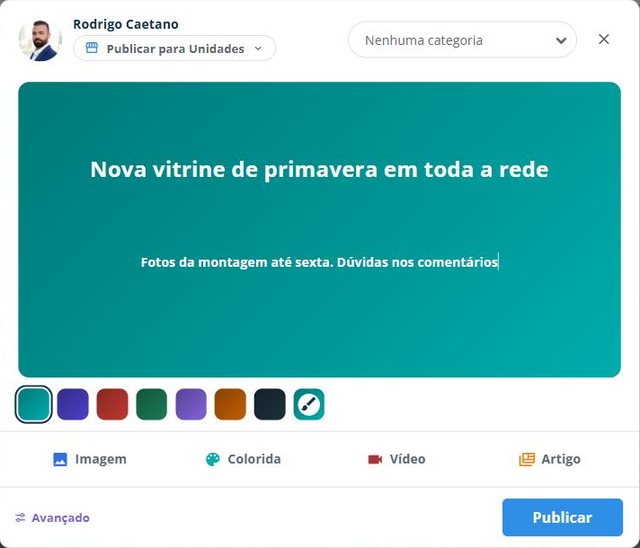 Nova publicação colorida na rede social corporativa da SULTS, com o alcance Publicar para Unidades, a escolha de categoria, as cores de fundo e os tipos imagem, colorida, vídeo e artigo