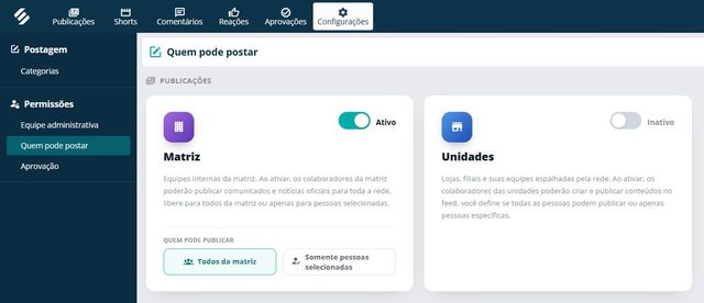 Configuração Quem pode postar da rede social corporativa da SULTS, com o cartão Matriz ativo para todos da matriz ou pessoas selecionadas e o cartão Unidades