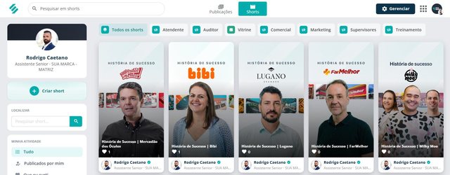 Galeria de vídeos curtos da rede social corporativa da SULTS, com uma aba por categoria, como Atendente, Auditor, Vitrine, Comercial, Marketing, Supervisores e Treinamento, e as curtidas de cada vídeo