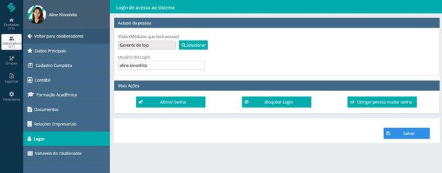 Login de acesso ao sistema no cadastro do colaborador na SULTS, com a Visão Gerente de loja, o usuário de login e as ações Alterar senha, Bloquear login e Obrigar pessoa mudar senha